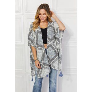 Paisley Design Kimono Open Front Cloak Sleeves Casual Gray